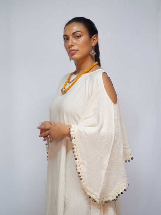 Open Sleeves Stripped Pattern Beige Linen Berber Dress